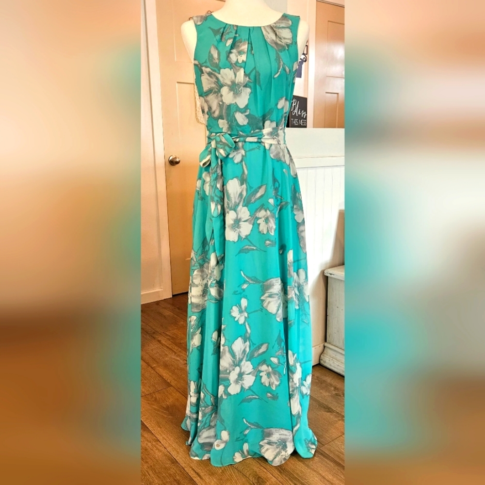 Worn Once - R & K -  Aqua and Gray Blouson Maxi Dress - Size 4
